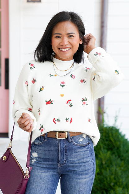 Restock! Floral Embroidery Long Sleeve Knit Sweater - Freckled Poppy