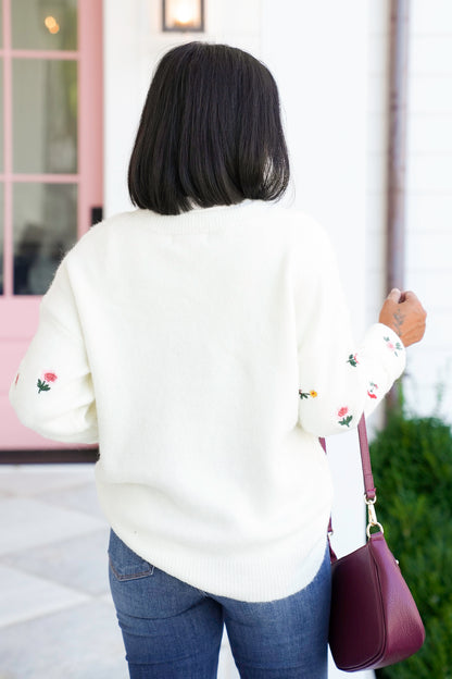 Restock! Floral Embroidery Long Sleeve Knit Sweater - Freckled Poppy