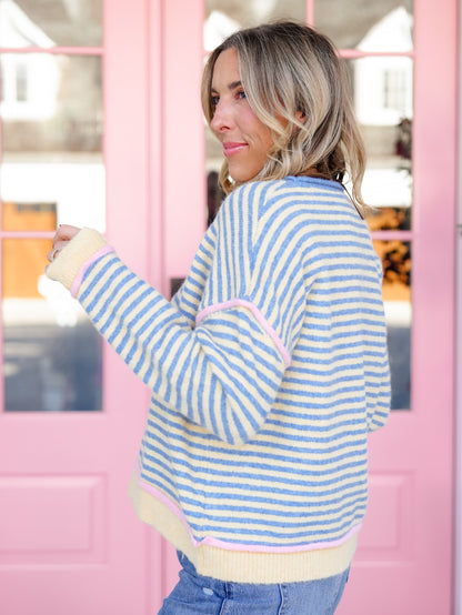 Plus/Reg Stripe Long Sleeve Pullover Sweater with Contrast Trim - Freckled Poppy