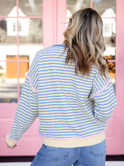 Plus/Reg Stripe Long Sleeve Pullover Sweater with Contrast Trim - Freckled Poppy