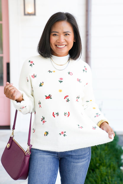 Restock! Floral Embroidery Long Sleeve Knit Sweater - Freckled Poppy