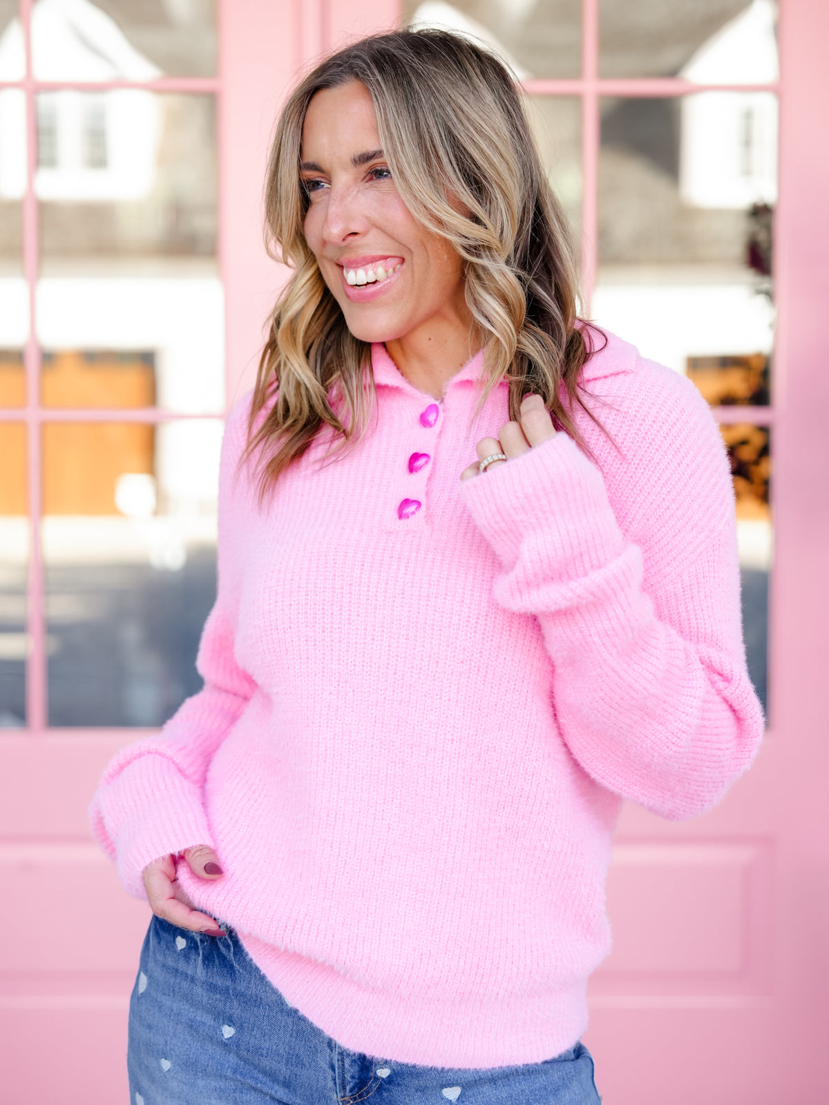 Pink Long Sleeve Collared Sweater with Heart Buttons - Freckled Poppy