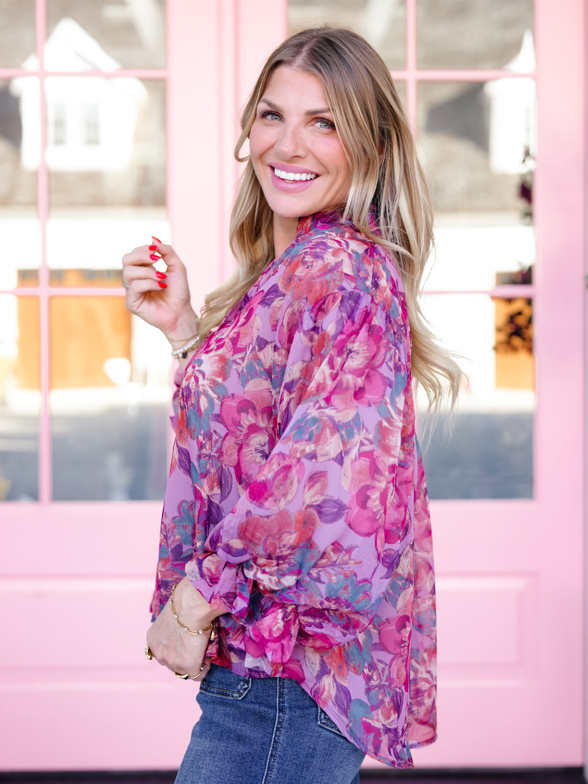 Floral Print Button Down Top with Ruffle Detail