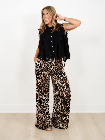 Sleeveless Pleated Button Down Top with Eyelet Trim - Freckled Poppy
