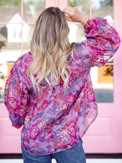 Floral Print Button Down Top with Ruffle Detail