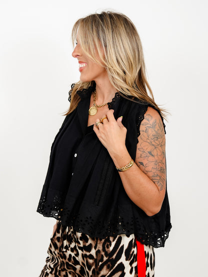 Sleeveless Pleated Button Down Top with Eyelet Trim - Freckled Poppy