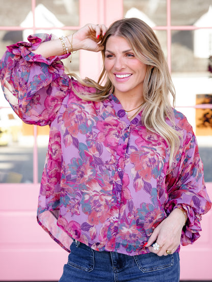 Floral Print Button Down Top with Ruffle Detail