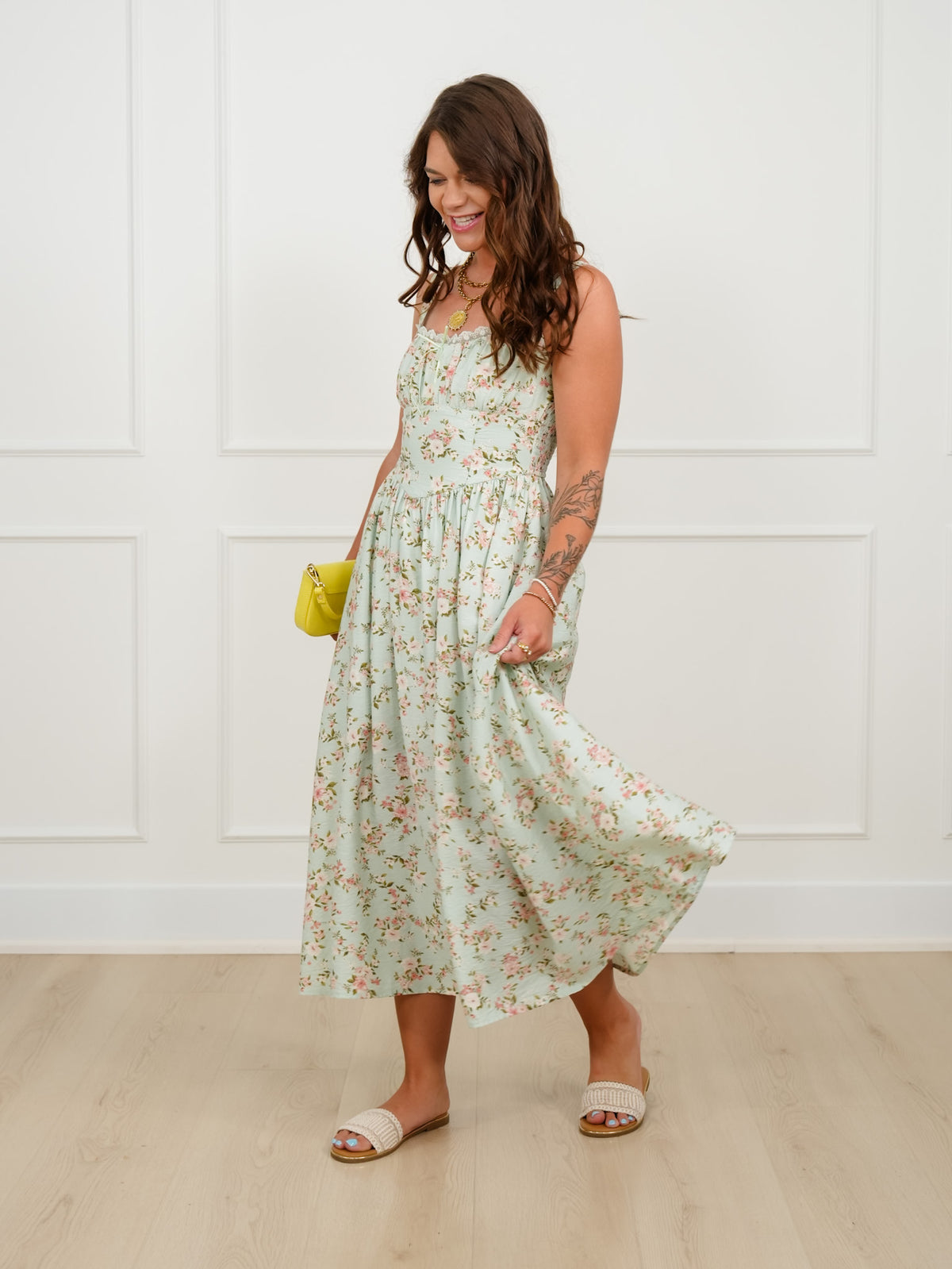 Mint Floral Sleeveless Midi Dress with Lace Trim - Freckled Poppy