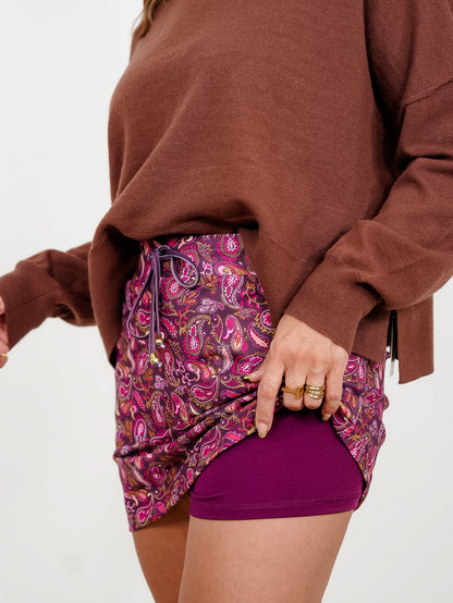 Plus/Reg Berry Paisley Print Elastic Waist Skort - Freckled Poppy