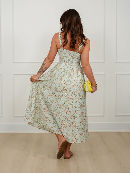 Mint Floral Sleeveless Midi Dress with Lace Trim - Freckled Poppy
