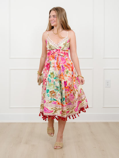POL Floral Print Sleeveless V Neck Midi Dress with Tassel Hem - Freckled Poppy