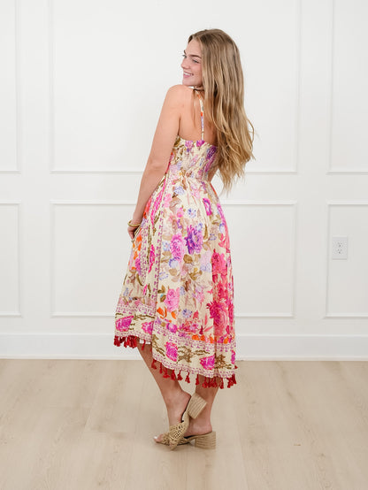 POL Floral Print Sleeveless V Neck Midi Dress with Tassel Hem - Freckled Poppy
