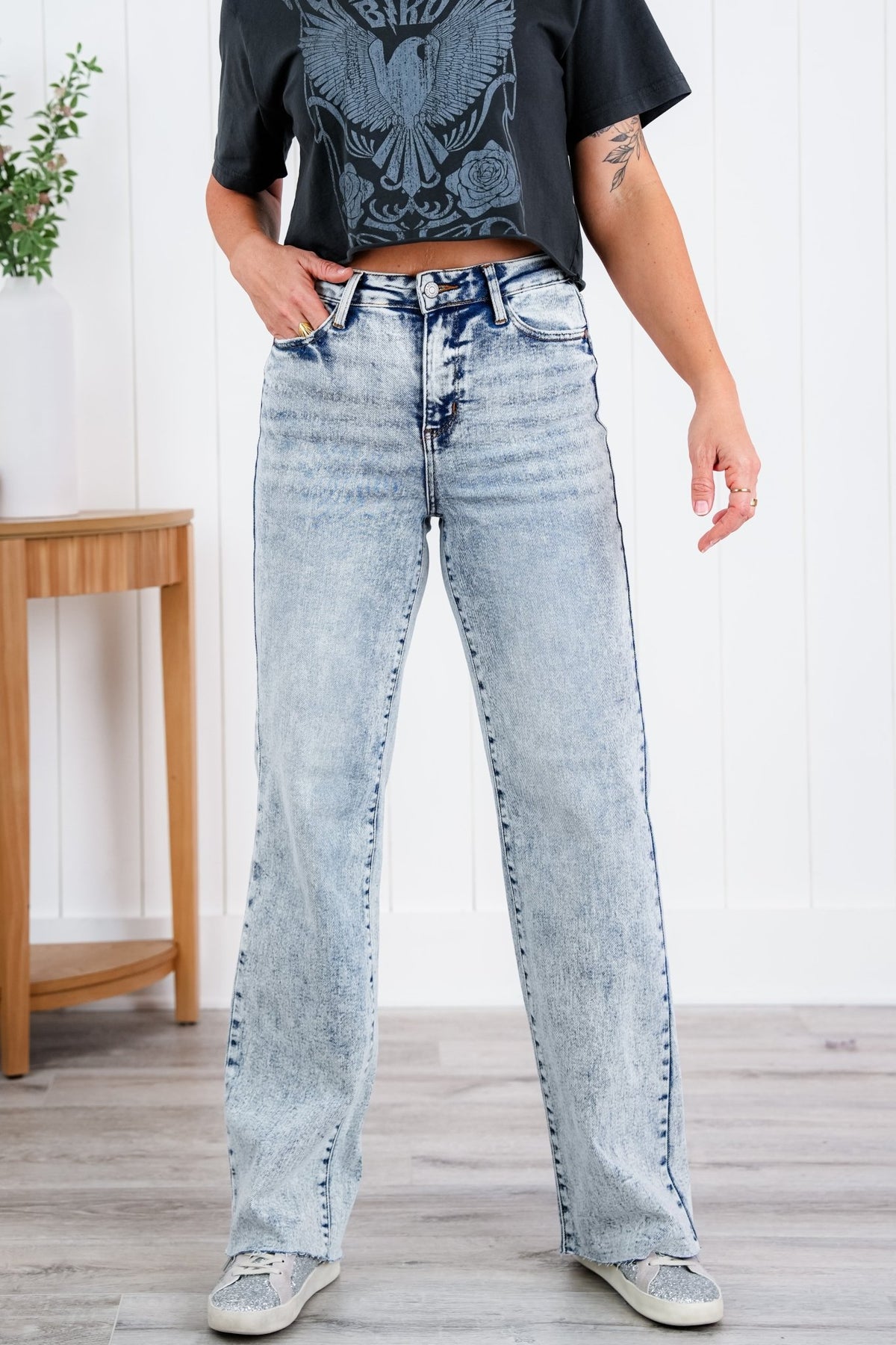 Judy Blue Bad Blood High Rise Light Mineral Wash Raw Hem Wide Leg Jeans - Freckled Poppy