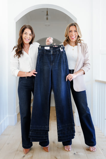 Restock! Judy Blue Multi Inseam "The Everly" Trouser Dark Wash Trouser Wide Leg Jeans
