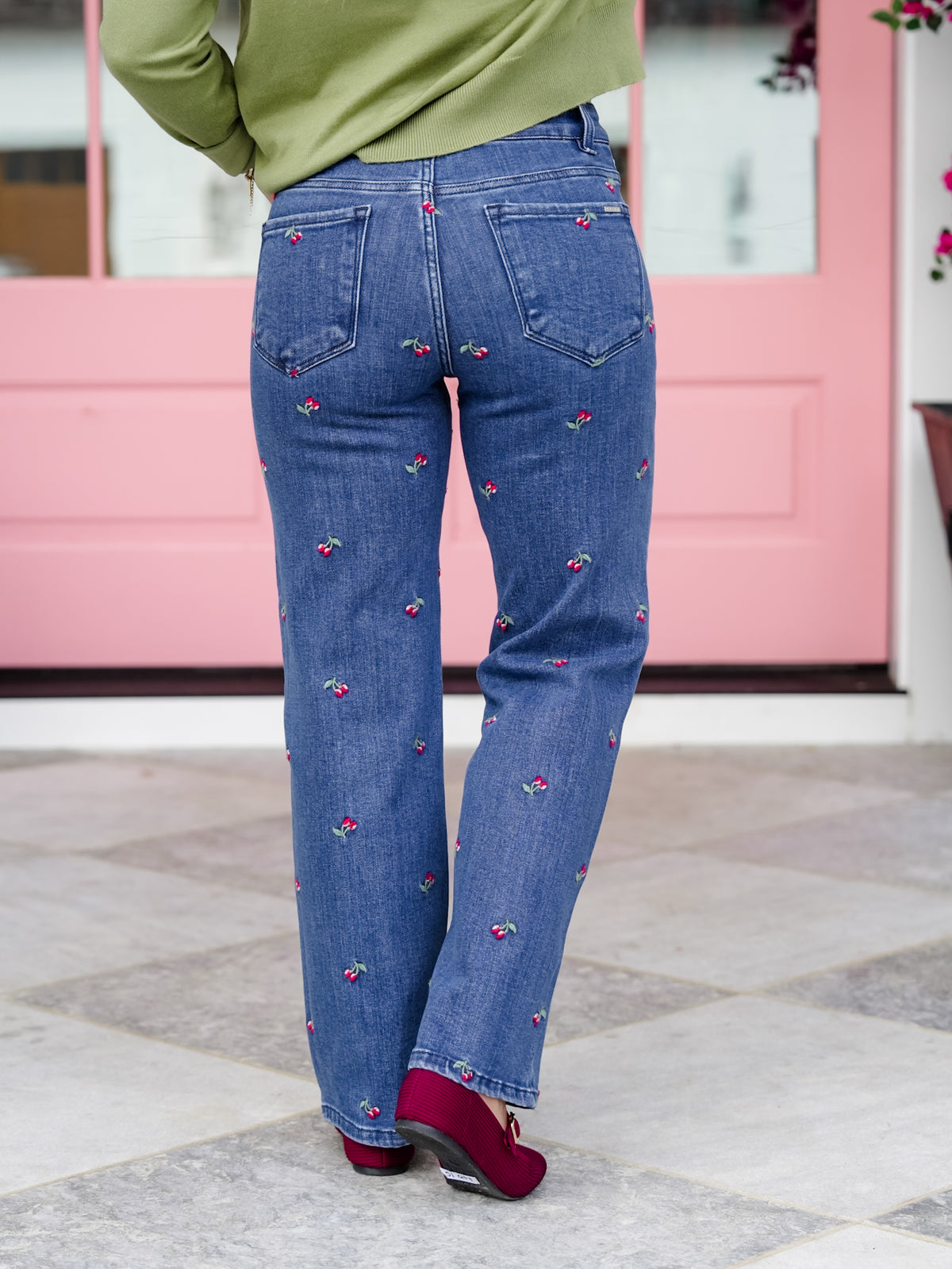 Risen High Rise Dark Wash Tummy Control Straight Leg Jeans With Embroidered Cherries - Freckled Poppy