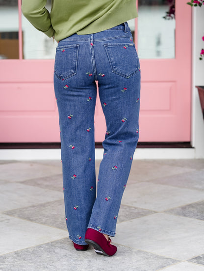Risen High Rise Dark Wash Tummy Control Straight Leg Jeans With Embroidered Cherries - Freckled Poppy