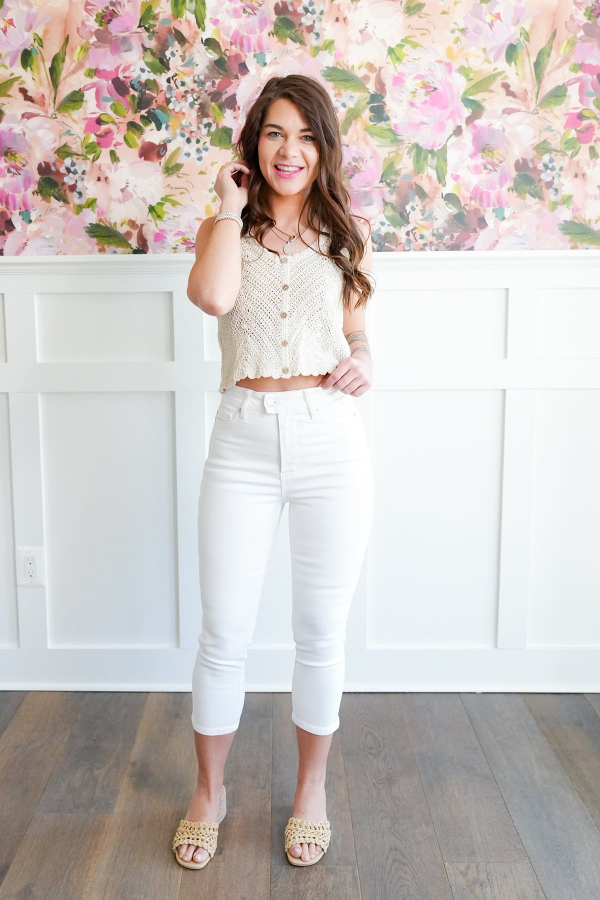 Judy Blue High Rise White Tummy Control Capri with Extended Waistband - Freckled Poppy