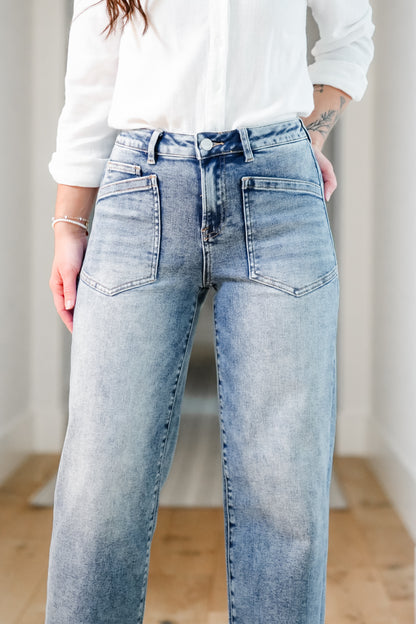 Risen Mid Rise Medium Wash Relaxed Fit Baggy Jeans with Patch Pockets - Freckled Poppy