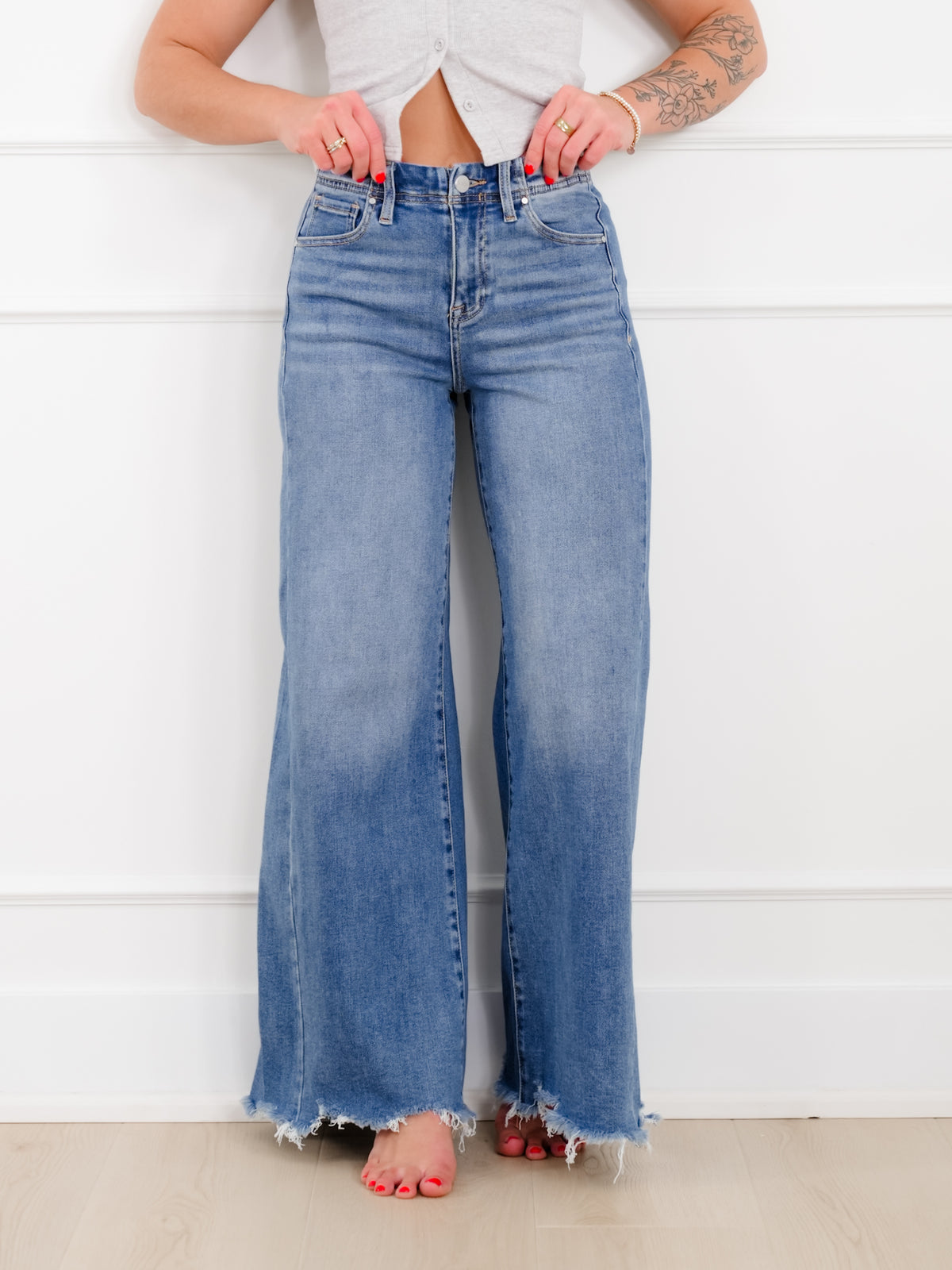 Risen High Rise Medium Wash Wide Leg Jeans - Freckled Poppy