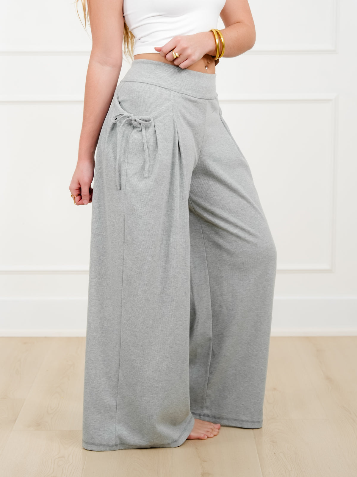 Ribbed Elastic Waist Wide Leg Knit Pants - Freckled Poppy