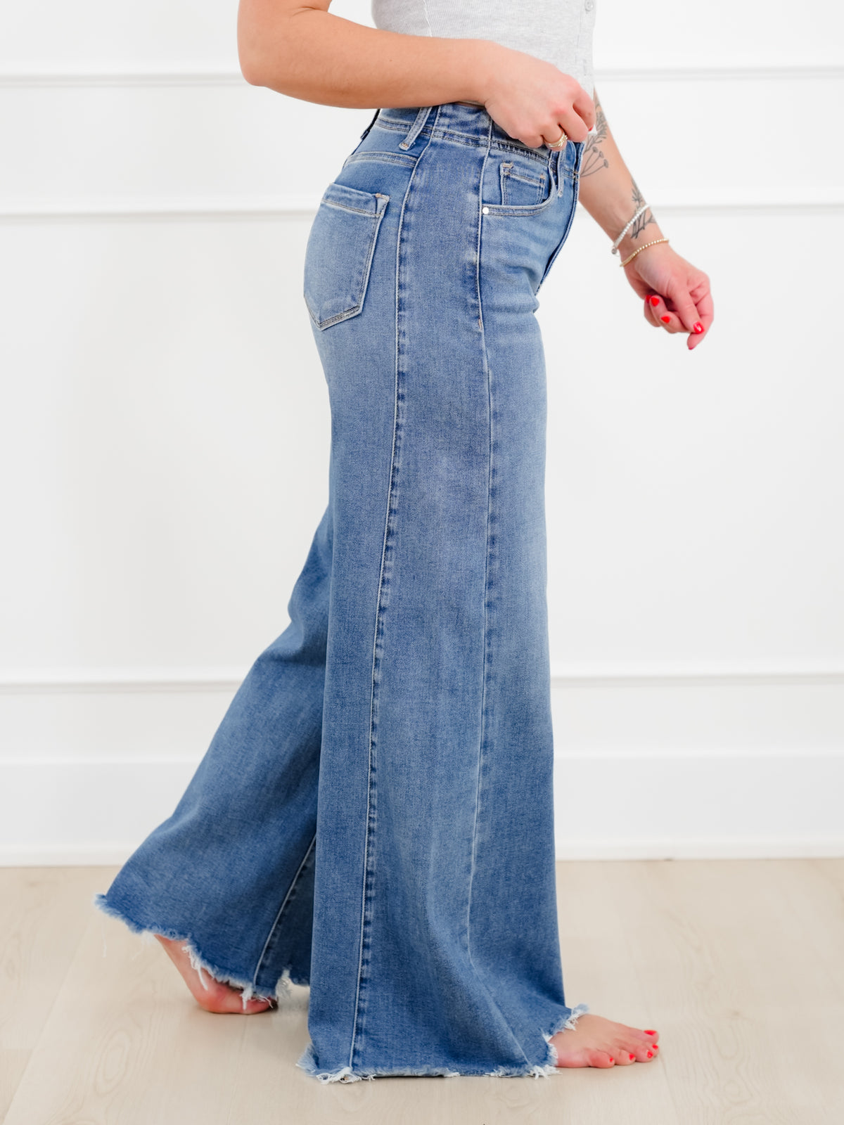 Risen High Rise Medium Wash Wide Leg Jeans - Freckled Poppy