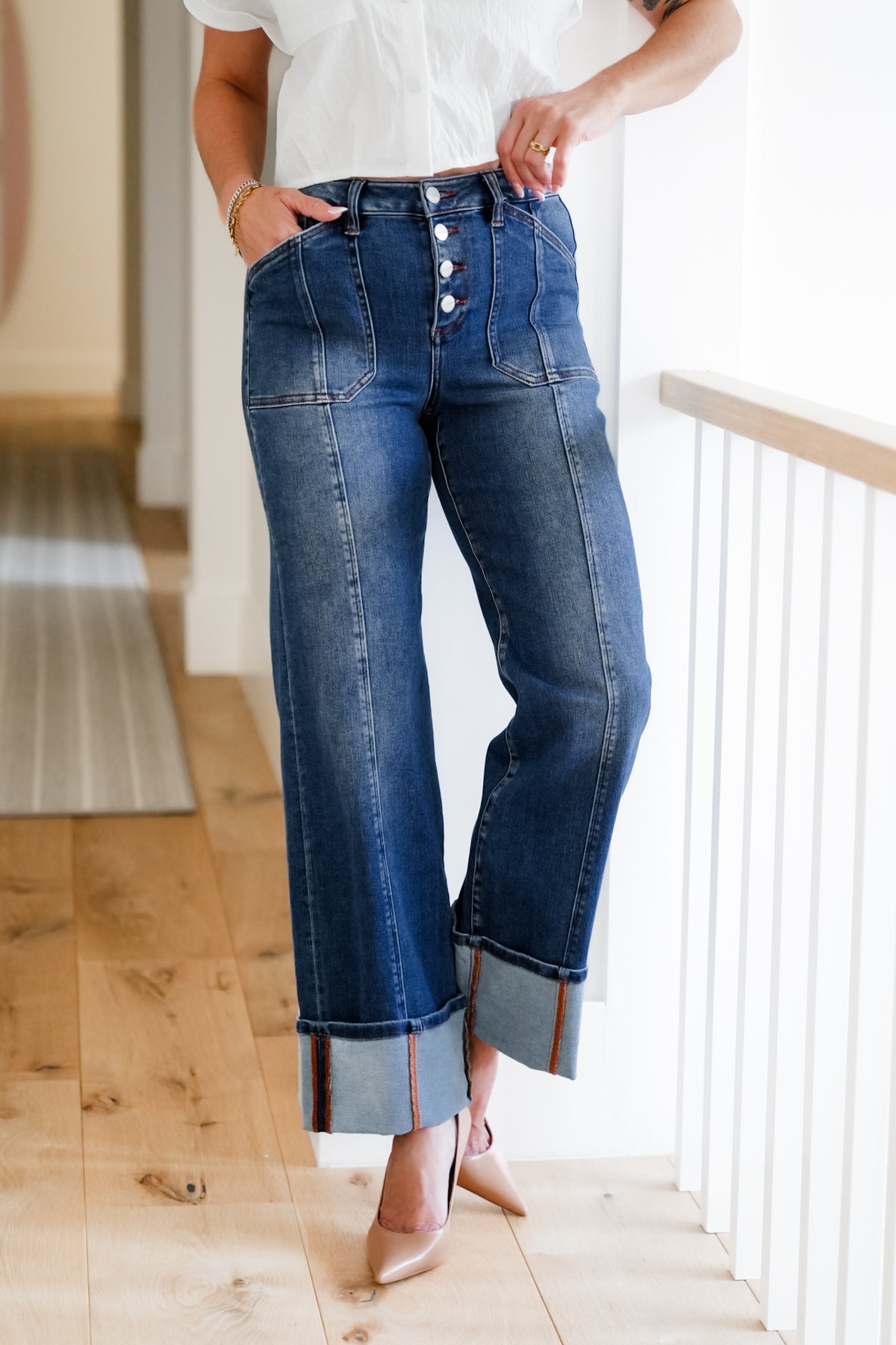 Risen Multi Inseam High Rise Dark Wash Cropped Wide Cuffed Straight Leg Jeans - Freckled Poppy
