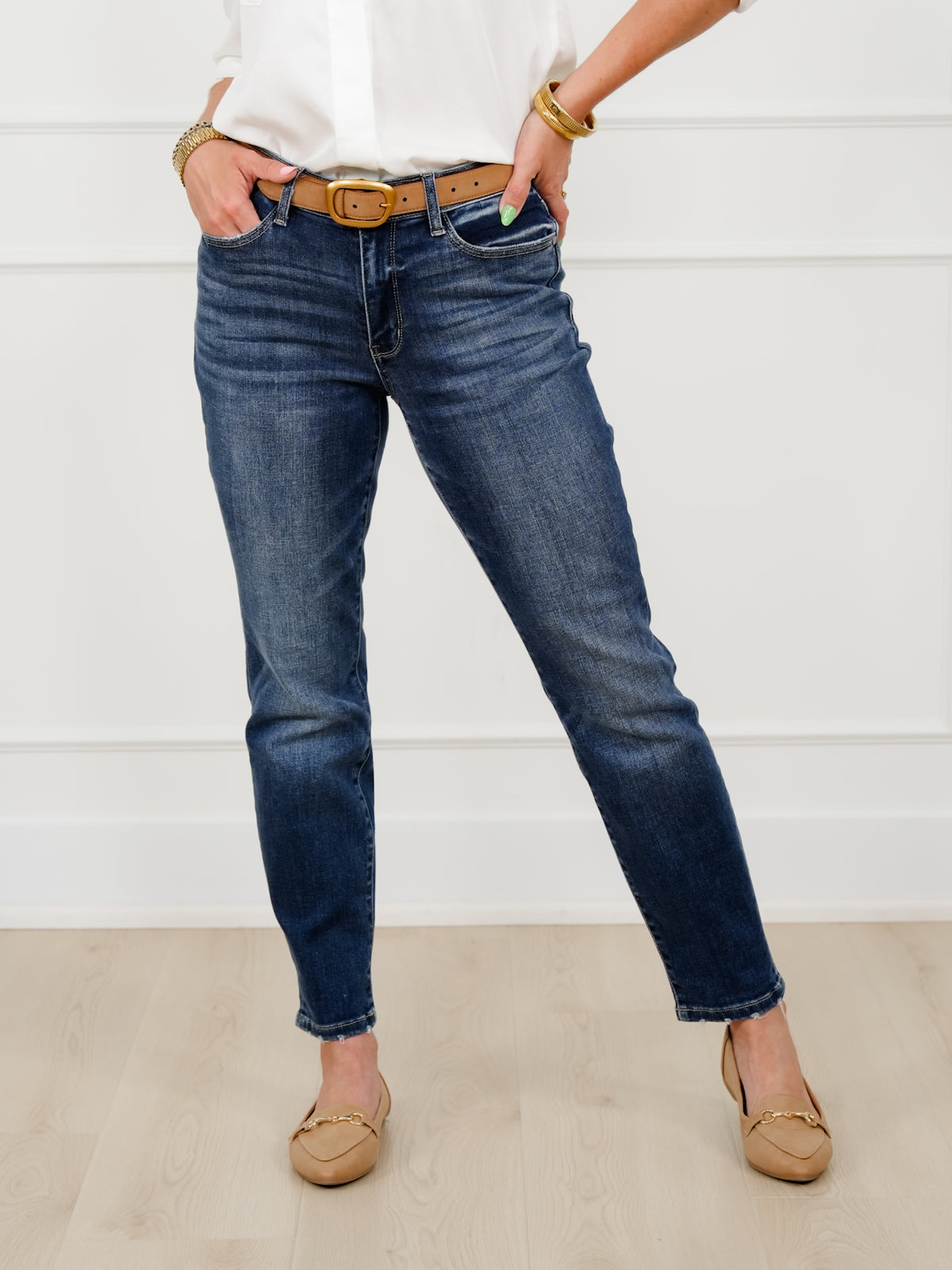Restock! Judy Blue My Favorite Boyfriend Mid-Rise Dark Wash Non Distressed Cuffed Boyfriend Jeans - Freckled Poppy