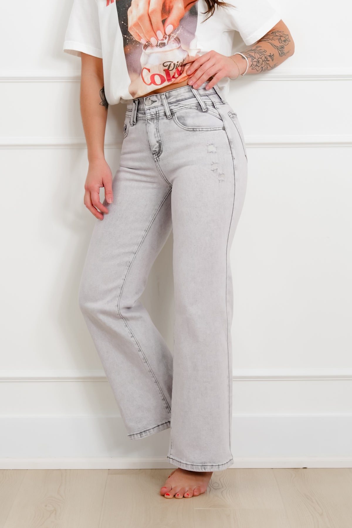 Saige High Rise Grey Acid Wash Tummy Control Wide Leg Jeans - Freckled Poppy