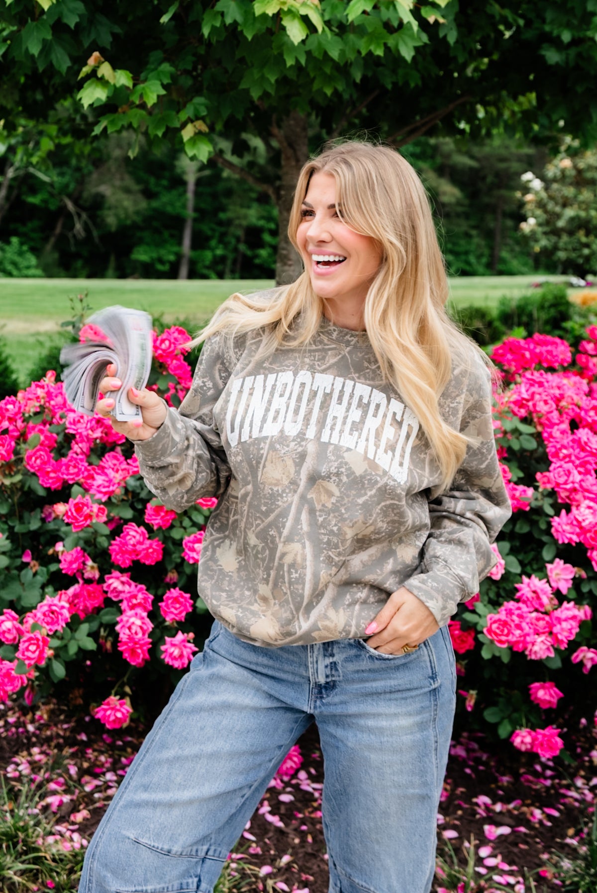 Plus/Reg Camo Long Sleeve "Unbothered" Graphic Sweatshirt - Freckled Poppy