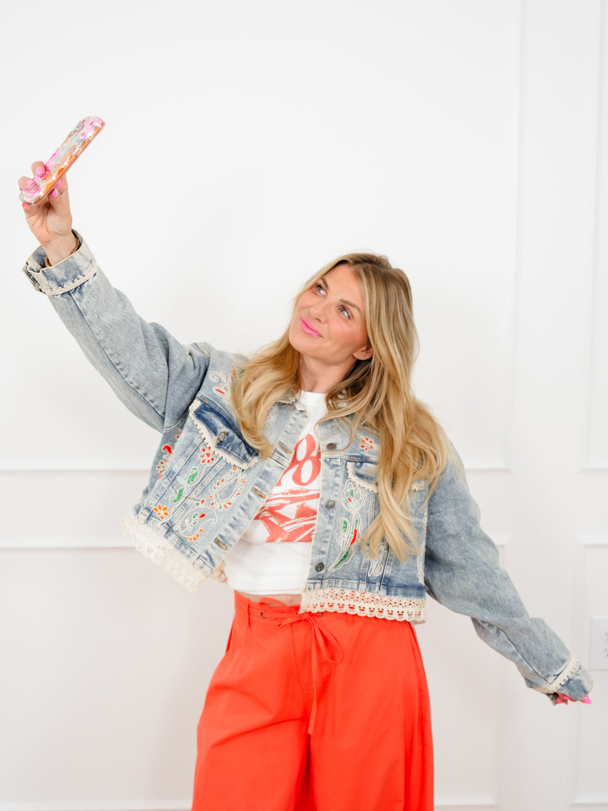 POL Embroidered Long Sleeve Jacket with Lace Trim - Freckled Poppy