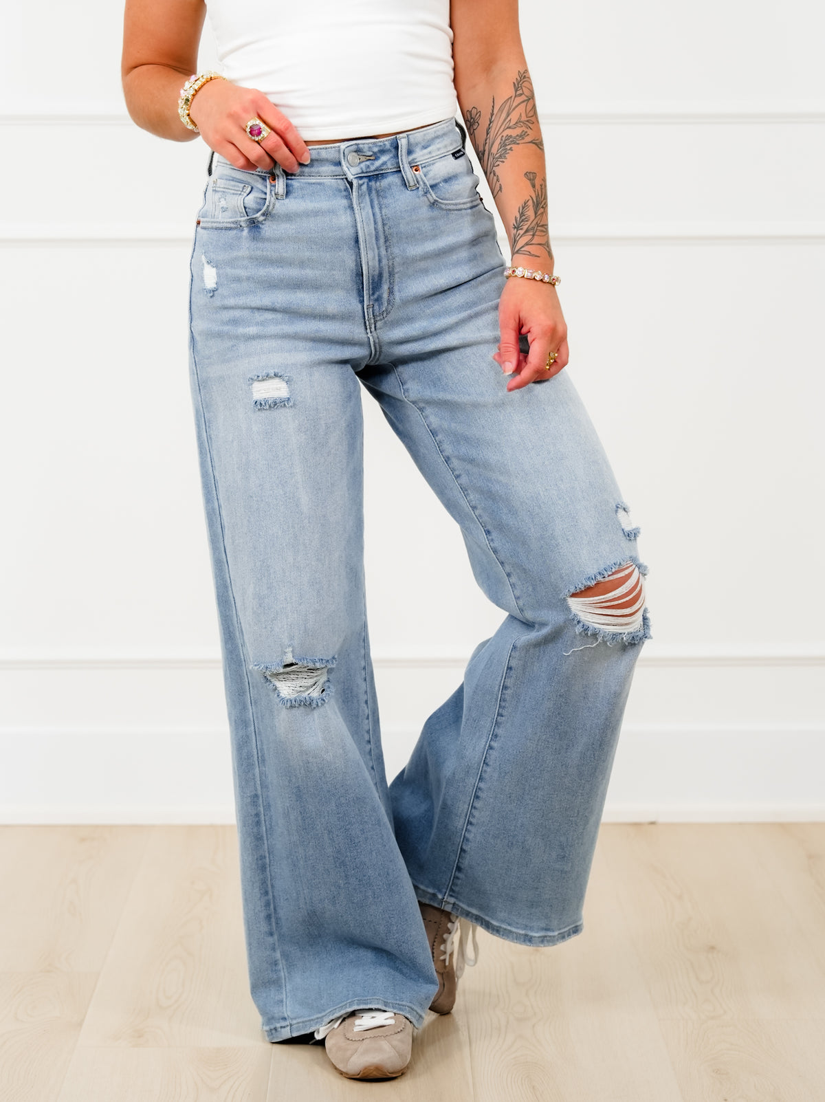 Cello High Rise Light Wash Distressed Wide Leg Jeans - Freckled Poppy