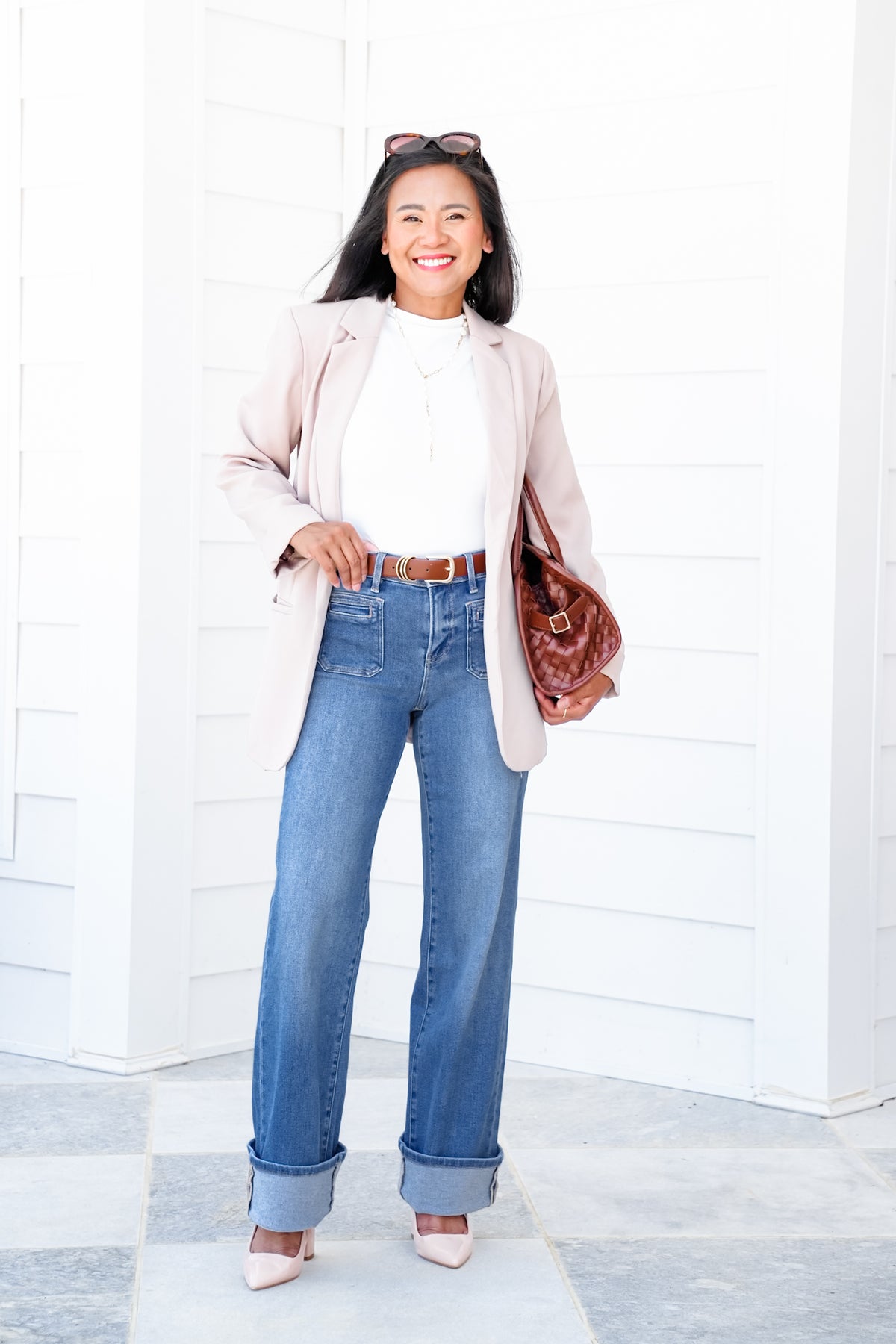 Risen High Rise Medium Wash Wide Leg Cuffed Front Patch Pocket Jeans with Elastic Waistband - Freckled Poppy