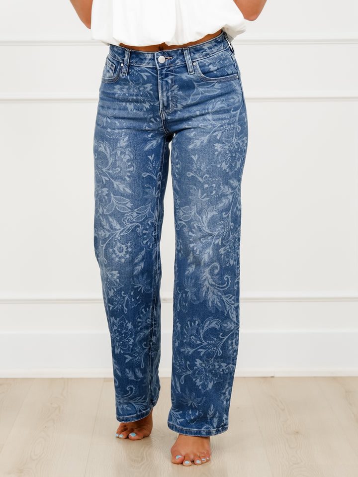 Risen Mid Rise Medium Wash Paisley Straight Leg Jeans - Freckled Poppy