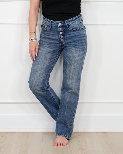 Restock! Judy Blue ALEX'S FAVE Mid Rise Medium Wash Button Fly Rigid Magic Slim Straight Leg Jeans - Freckled Poppy