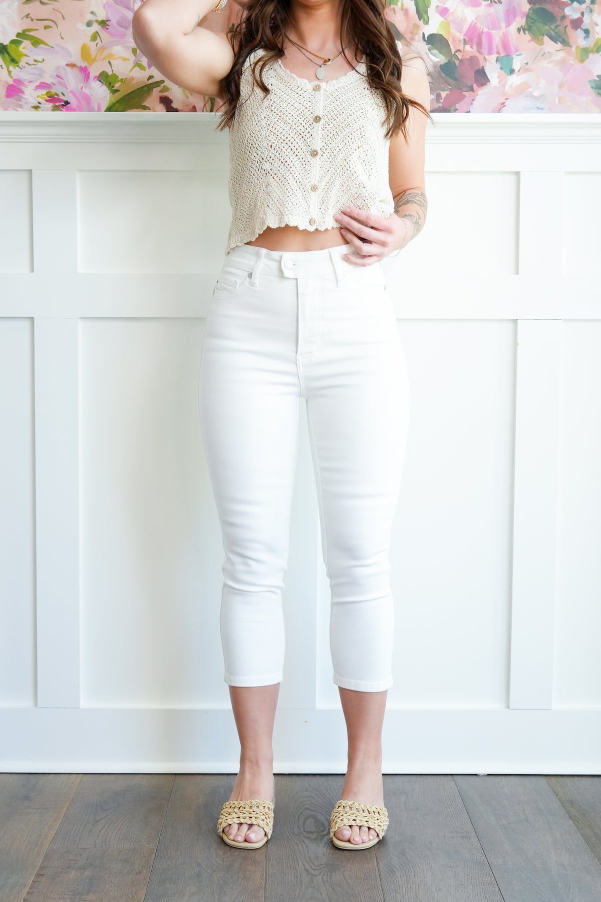 Judy Blue High Rise White Tummy Control Capri with Extended Waistband - Freckled Poppy