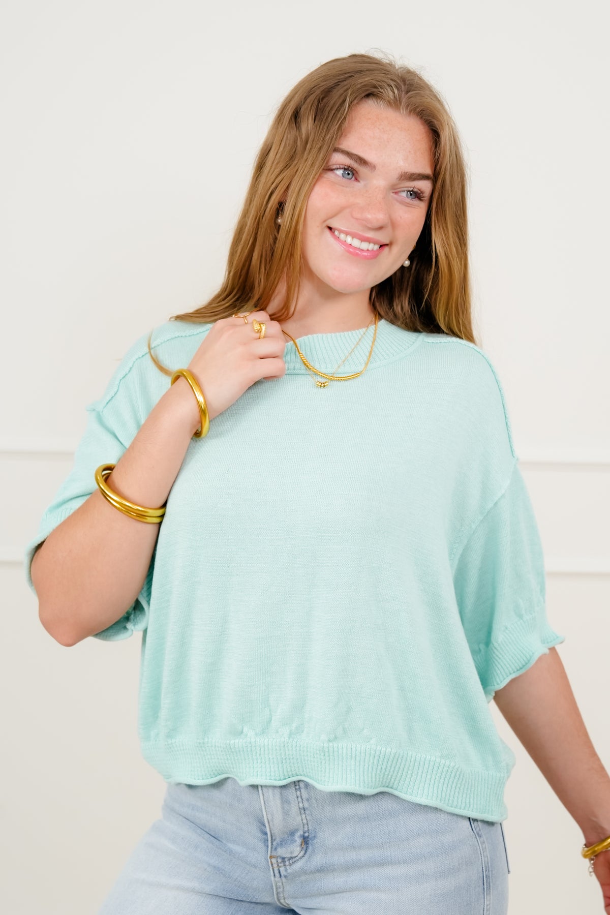 Short Sleeve Sweater with Reverse Seams - Freckled Poppy