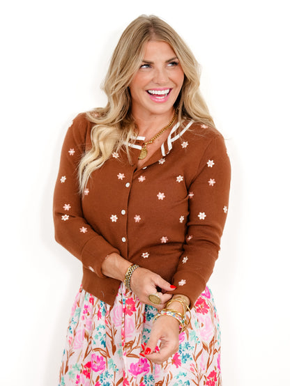 Floral Embroidered Cardigan with Stripe Band Contrast - Freckled Poppy