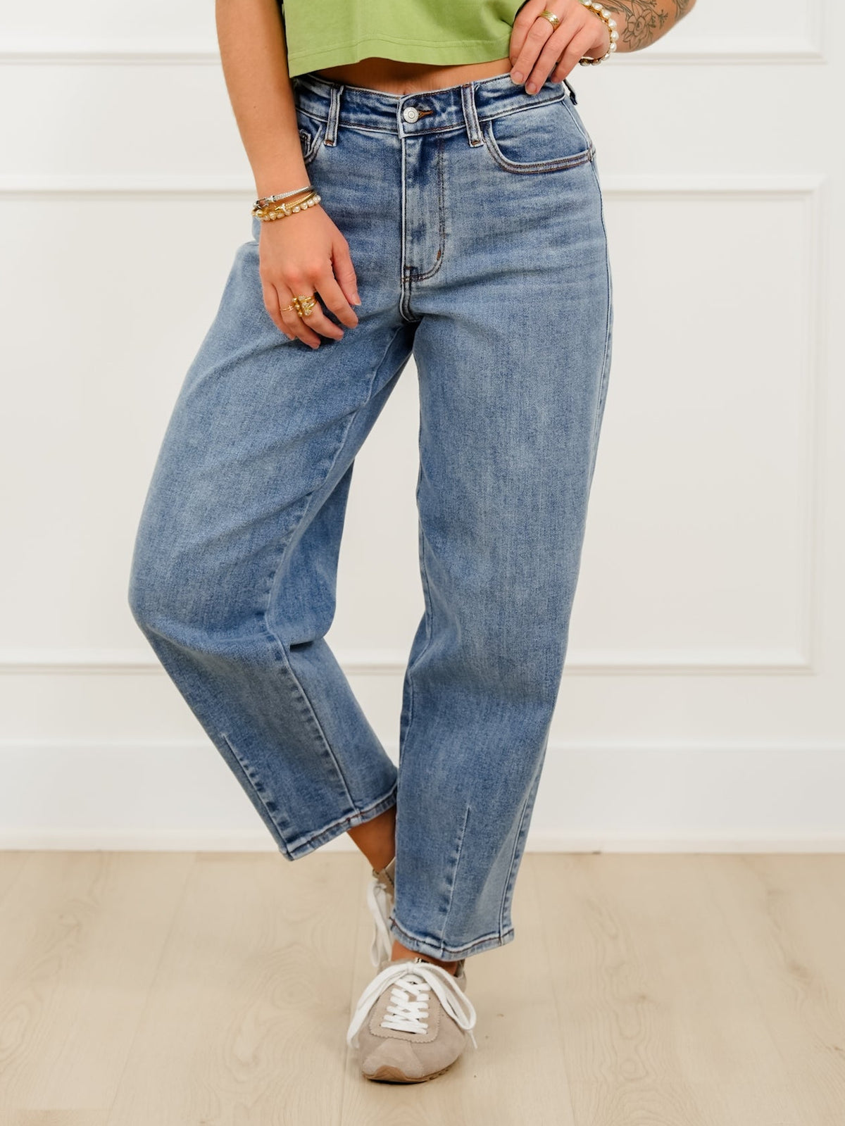 Judy Blue High Rise Medium Wash Barrel Jeans with Front Darts - Freckled Poppy
