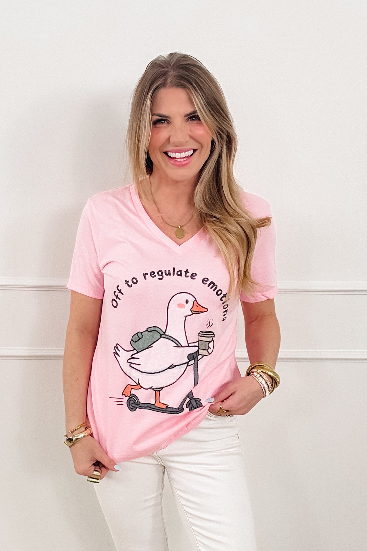 Plus/Reg V Neck Short Sleeve "Off To Regulate Emotions" Graphic Tee - Freckled Poppy