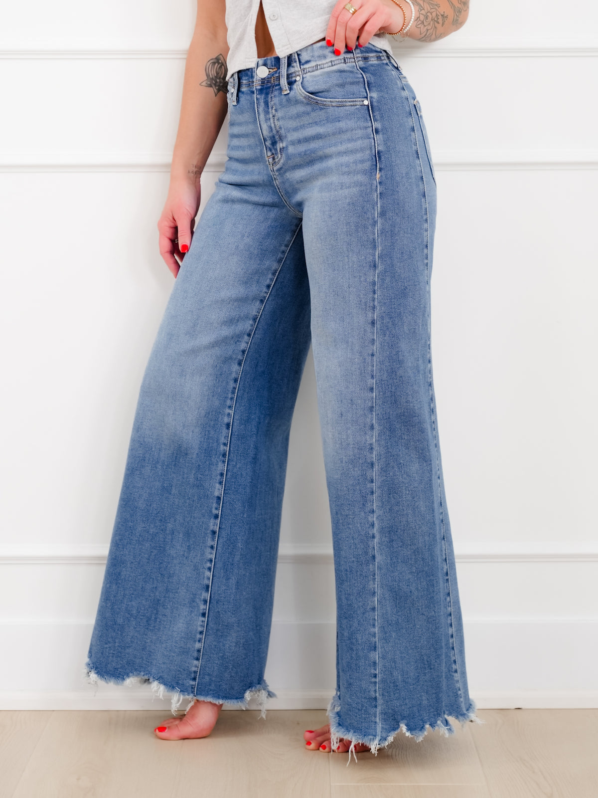 Risen High Rise Medium Wash Wide Leg Jeans - Freckled Poppy