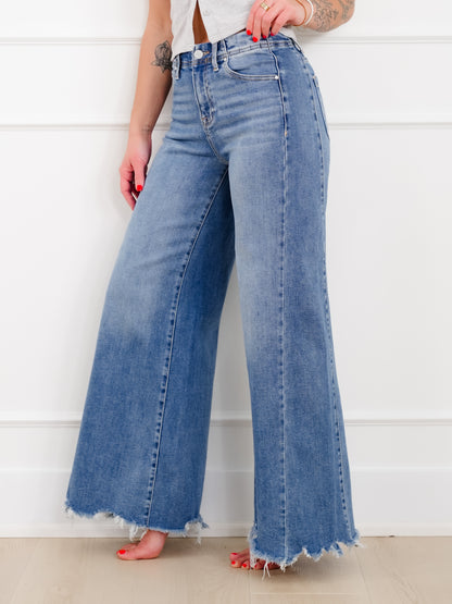 Risen High Rise Medium Wash Wide Leg Jeans - Freckled Poppy