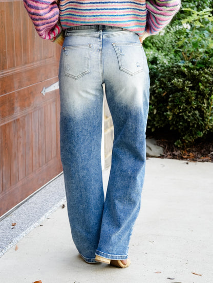 Saige High Rise Medium Wash Tummy Control Distressed Barrel Jeans With Crocheted Knee