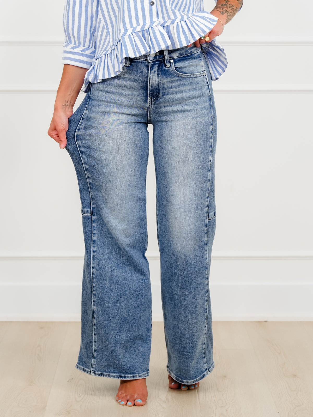 Risen High Rise Medium Wash Wide Leg Jeans with Contrast Side Panel - Freckled Poppy