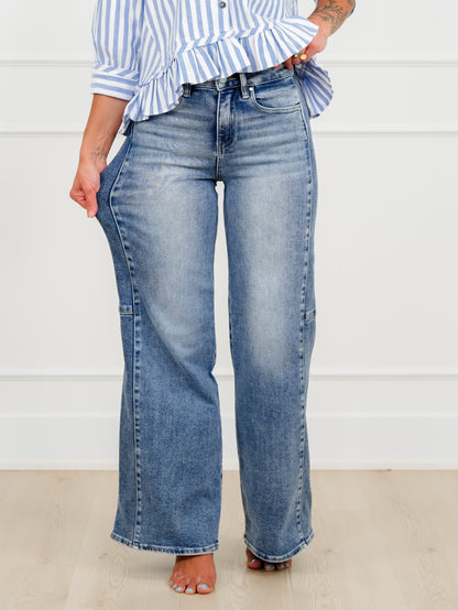 Risen High Rise Medium Wash Wide Leg Jeans with Contrast Side Panel - Freckled Poppy