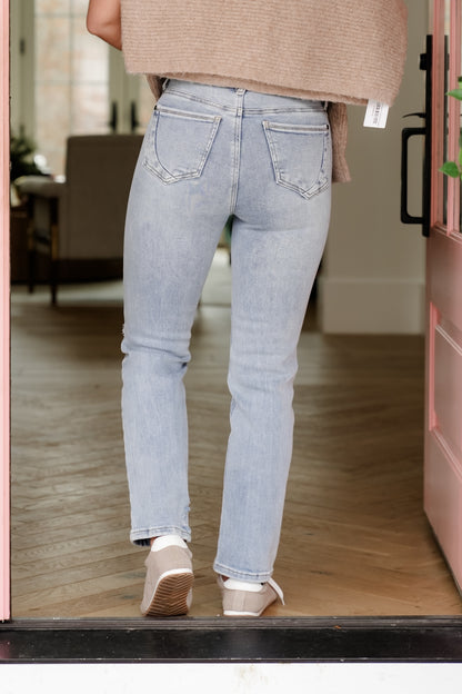Saige High Rise Medium Wash Tummy Control Button Fly Cropped Slim Straight Leg Jeans - Freckled Poppy