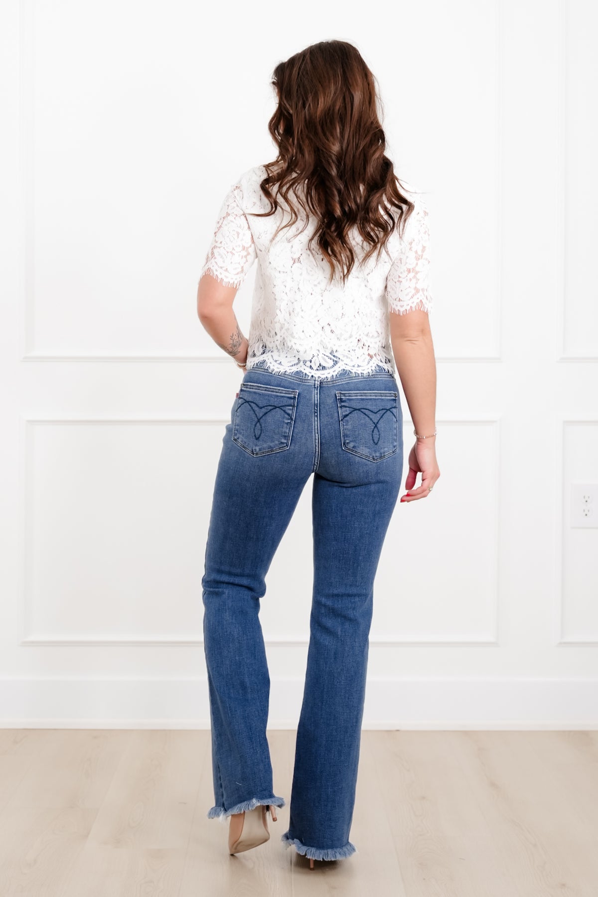 Judy Blue The Delilah High Rise Medium Wash Double Button Frayed Hem Bootcut Jeans - Freckled Poppy