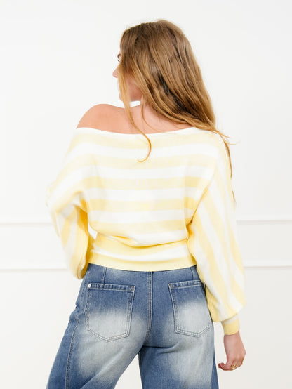 Stripe Long Sleeve Boat Neck Sweater - Freckled Poppy