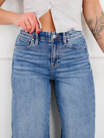 Risen High Rise Medium Wash Wide Leg Jeans - Freckled Poppy