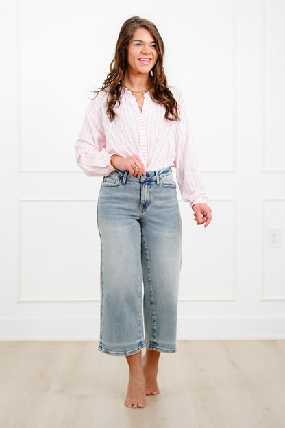 Judy Blue Mid Rise Medium Wash Cropped Wide Leg Jeans - Freckled Poppy
