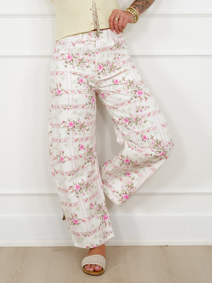 Floral Stripe Print Mid Rise Barrel Pants - Freckled Poppy